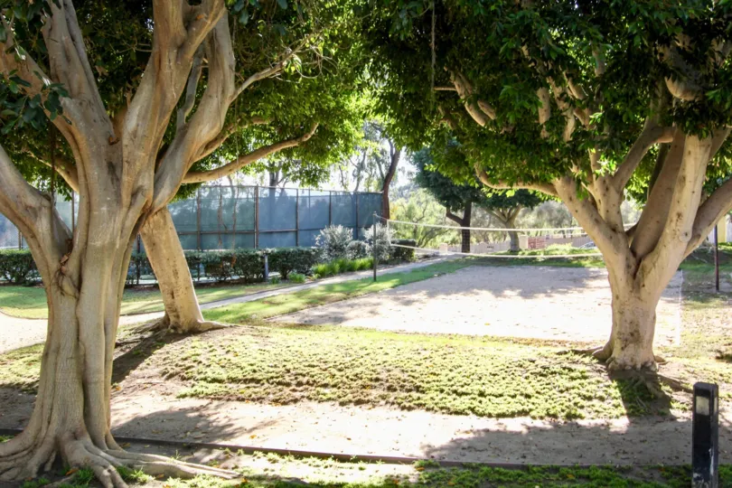 a sunny day in the bella pacific with a park that has shuttle net
