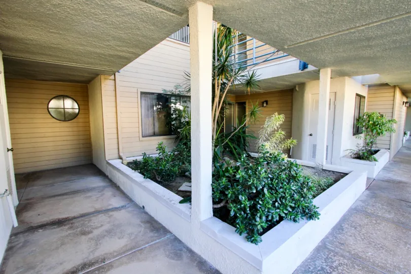 A beautiful courtyard of big building in the Camelot Bay with some plants and near a footpath