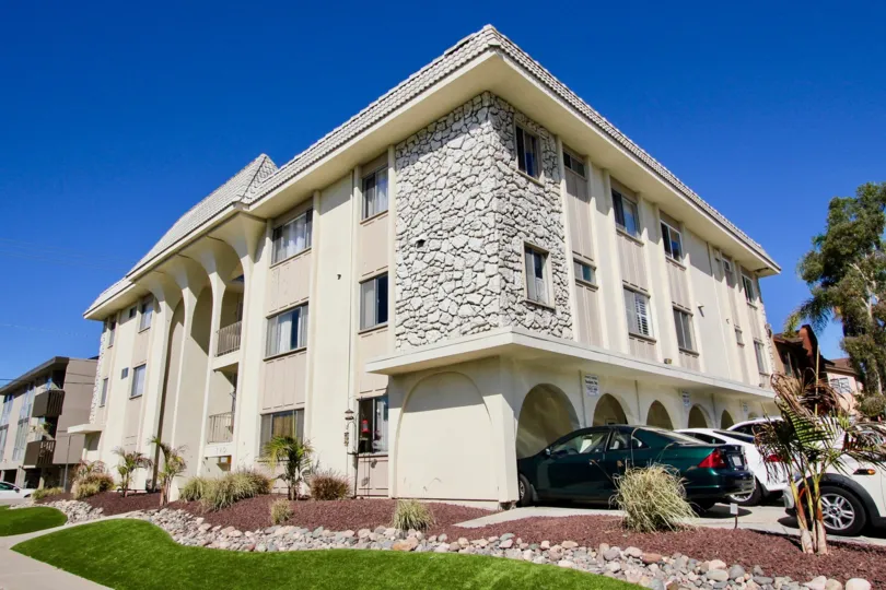 A curb appeal shot of the Camelot community in Pacific Beach, California.