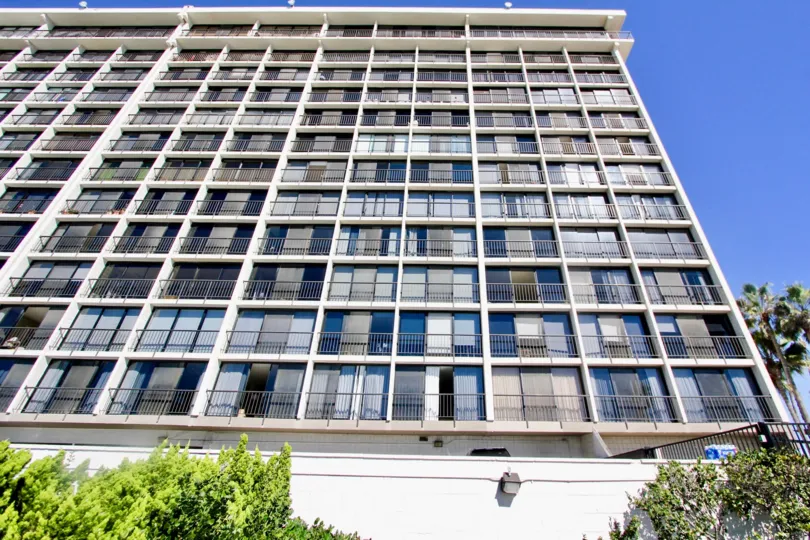 Upwards angle showing the vast living units of Capri by the Sea in Pacific Beach, California