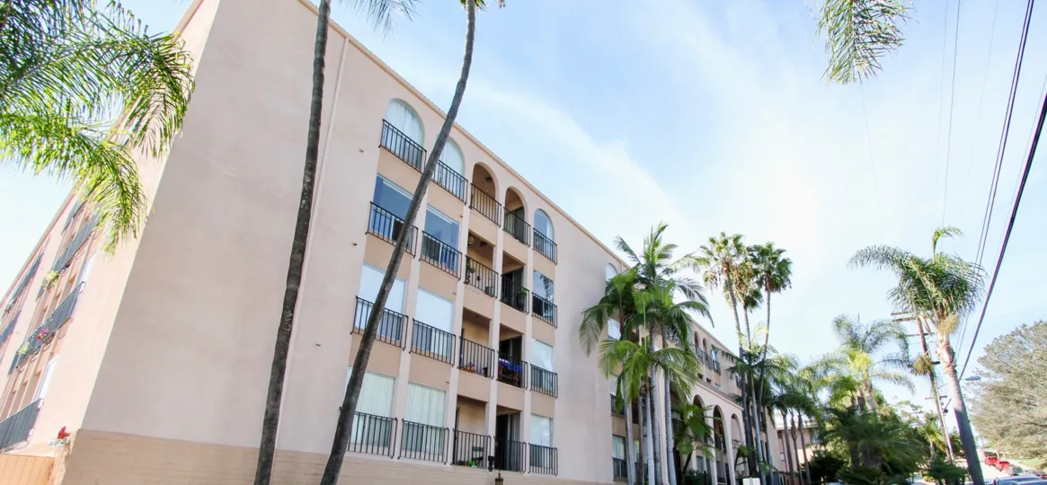 Corner view of Del Rey community building, Pacific Beach, CA