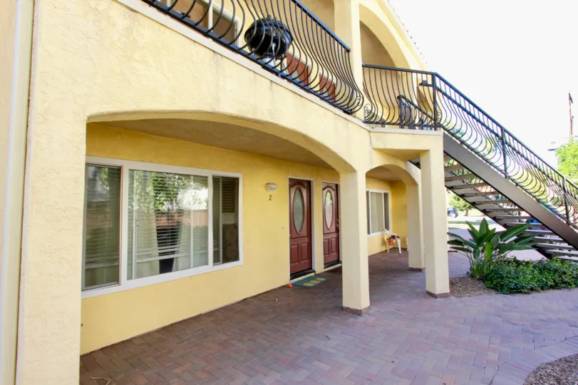 Side view with stairs of Diamond Club community building, Pacific Beach, CA