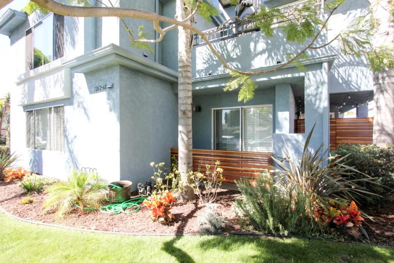 a house view from the side with plants and grass and a water hose
