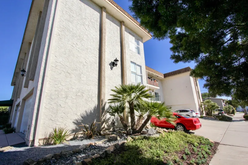 A sunny day in the area of Fortuna on Lamont, outside, cars, palm trees, condos, parking lot