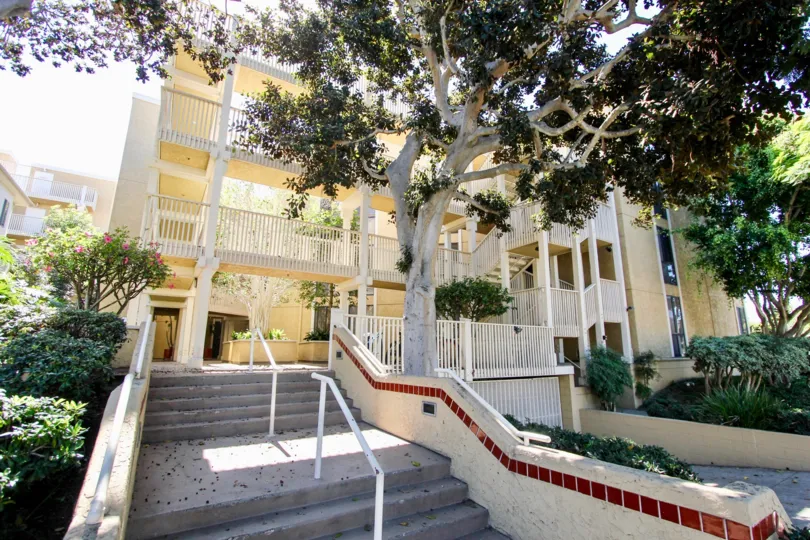 view from the path leading into a housing thats is very spacious, clean looks and nice trees and trimmed greenery