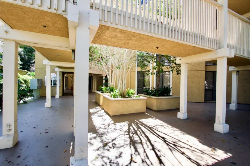 A courtyard in the Gresham La Palma community with planters and covered walkway.