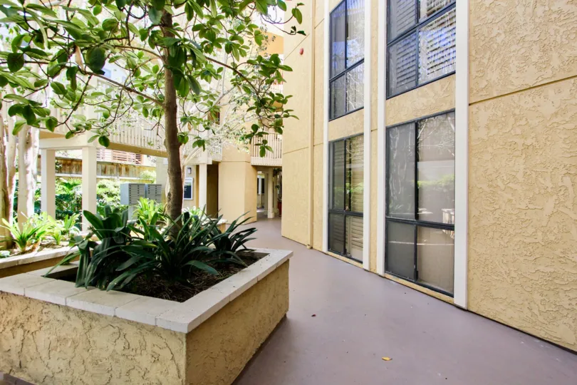 An entrance of a building in the Gresham La Palma with beautiful plants.