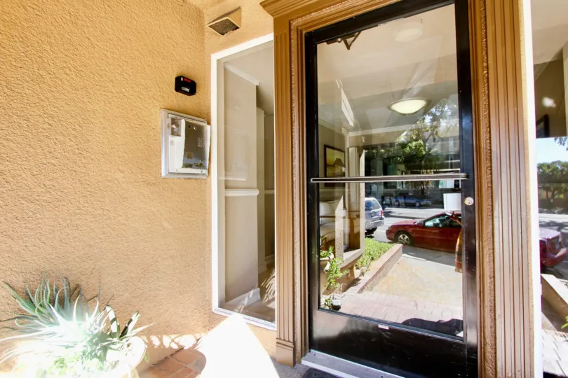 Through the Glass door Can see Car is parking and has flower pot with security box