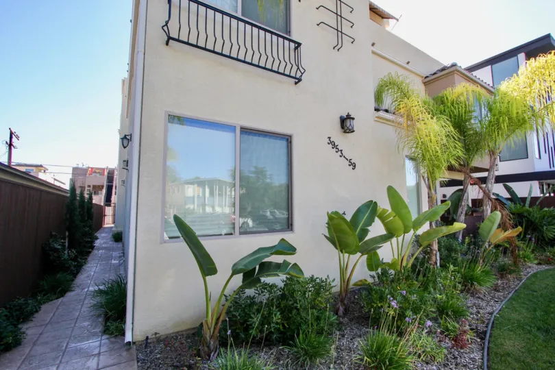 Backside of a building in the Lamont Street Townhomes some plants and lawn.
