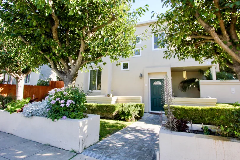 A sunny day in the area of Law Street, outside, sidewalk, trees, condo, door, wind chime