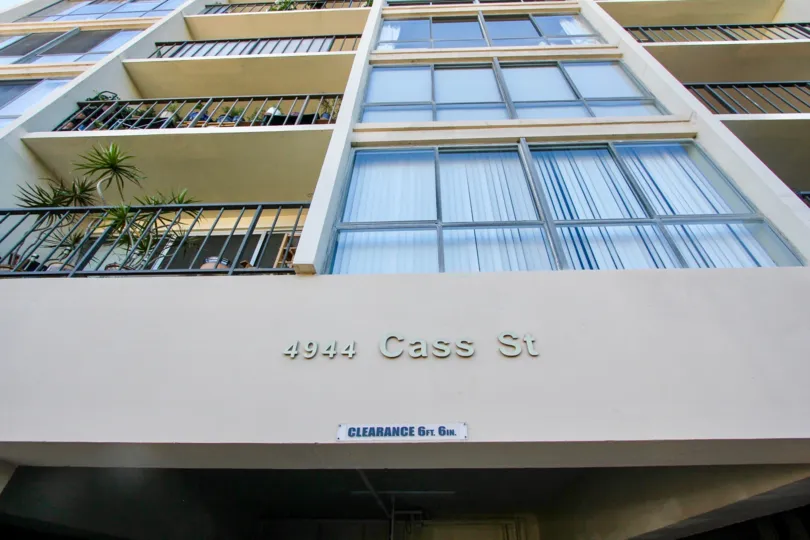 A sunny day in the area of Pacific Tower, outside, street number, balconies, windows