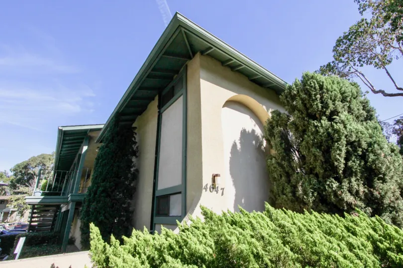 A modern two-storey residence with tall shrubs and green eaves in the Pacific Woodlands community.