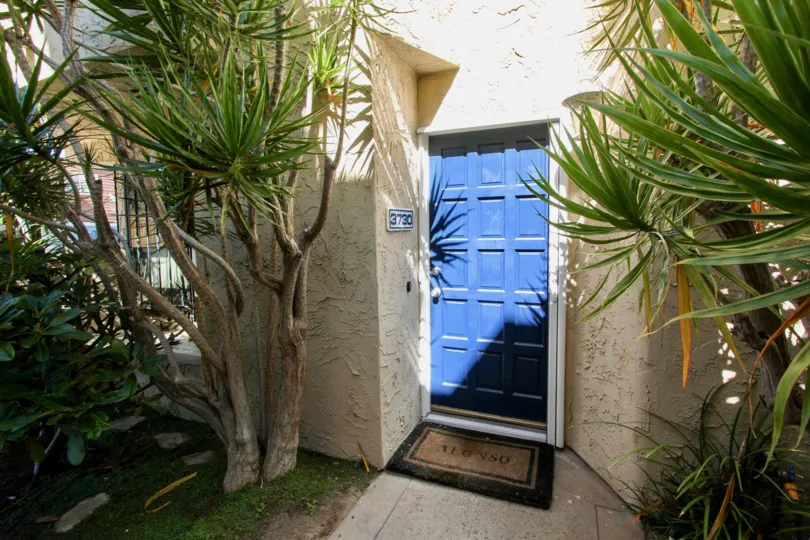 An entrance to a residence in the Promontory Townhomes with a blue front door and personalized rug.