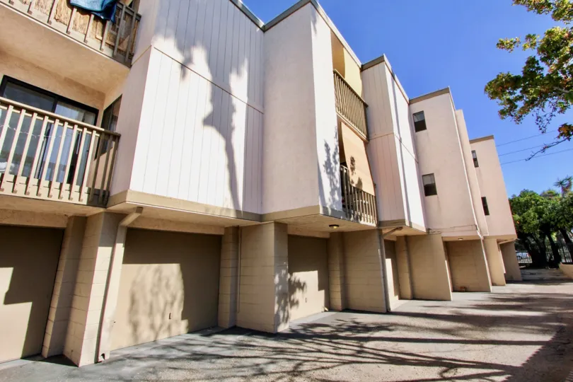 Enclosed garages at Rose Creek in Pacific Beach, California.