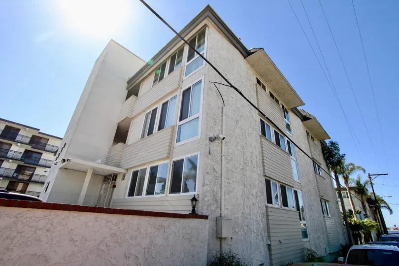 A three story condominium building located in Sail bay Shores in Pacific Beach CA