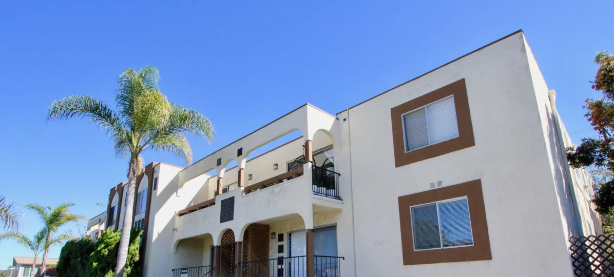 Modern art deco style with palm trees and deck at Shasta Daisy in Pacific Beach, California