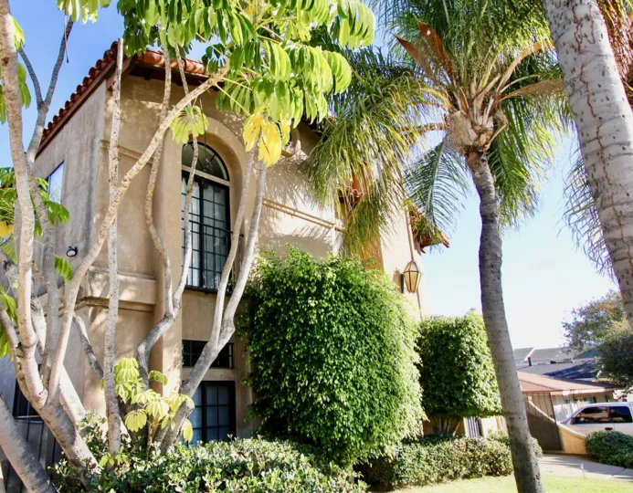 Several large and tall green trees hide away the front of Vista Adelle Mar bulding.