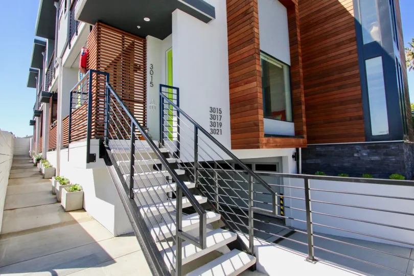 The stair of a modern home in Carelton community of Point Loma, California on a clear day.