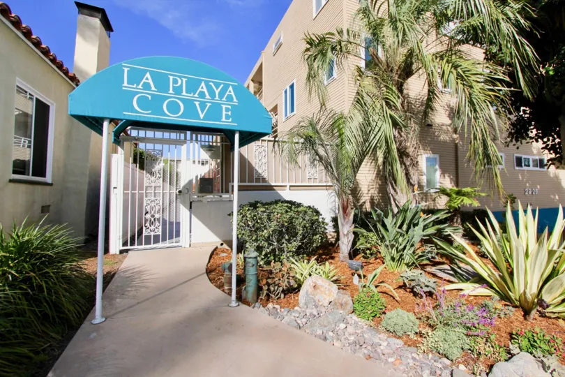 The entrance to an apartment complex in La Playa Cove, in Point Loma, California