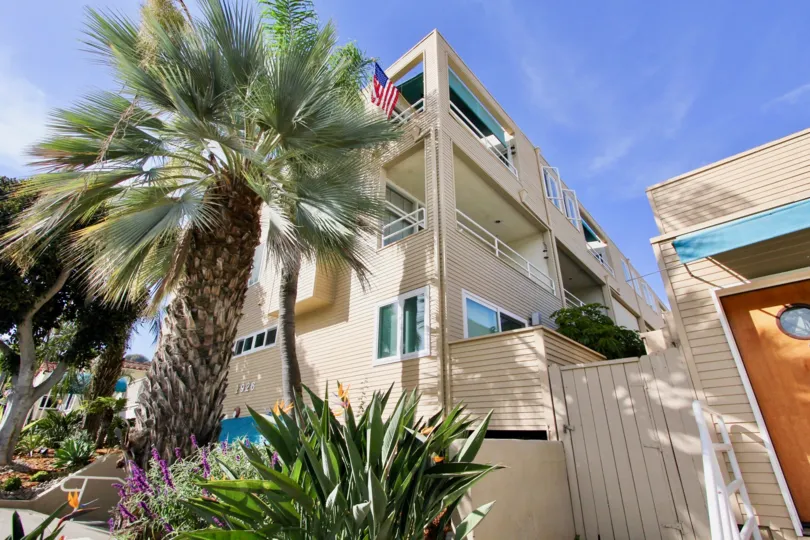 American flag flying from a building at the location of La Playa Cove in Point Loma CA
