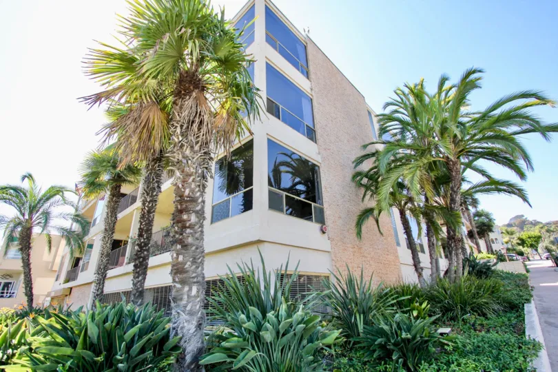 Various plants with spiky long leaves fill a garden outside of Park La Playa condos