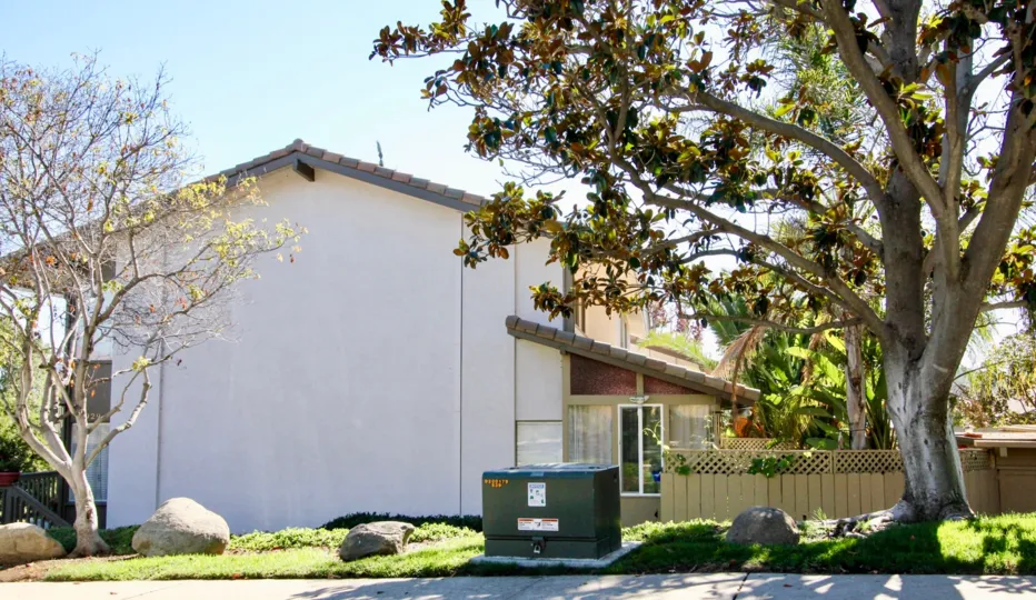 A sunny day in Bernardo Village Green with tress and the side of a house.
