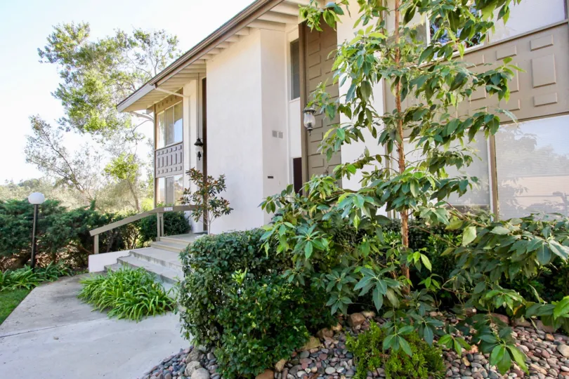 The entrance to a house with some bushes in front and a lamp and trees in the back during a sunny day in Bernardo Village Green, Rancho Bernardo, CA
