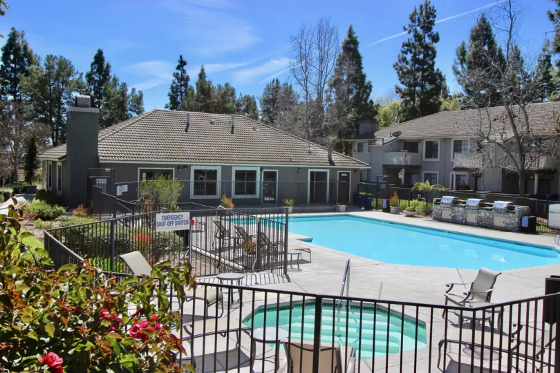 Outdoor pool and sundeck at the Carmel Trails community.