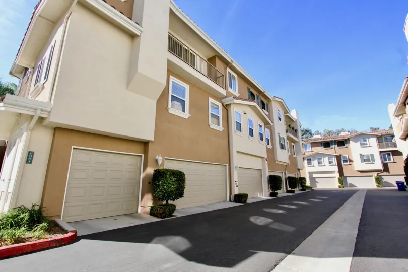 A multiunit residential area with garages in Heritage Villas.