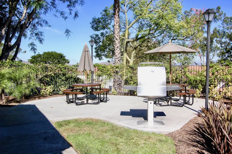 Some outdoor tables with benches and shade umbrellas, a BBQ and trees in the back during a sunny day in Lomas Bernardo, Rancho Bernardo, CA