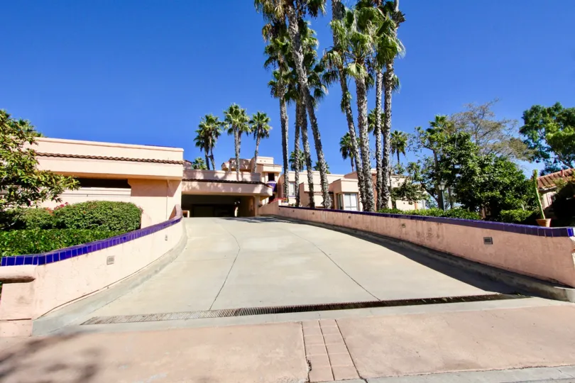 A driveway into a parking lot with some palm trees and other trees on the sides during a sunny day in Masters Hill, Rancho Bernardo, CA