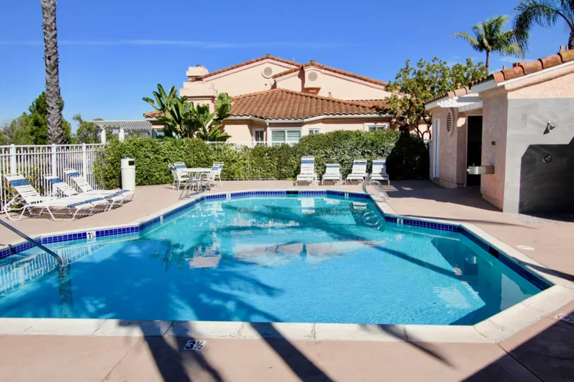 A sunny day showing a sparkling pool in the Masters Hill community in Rancho Bernardo, California.