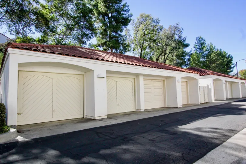A long set of red and white garages in rancho bernardo, california