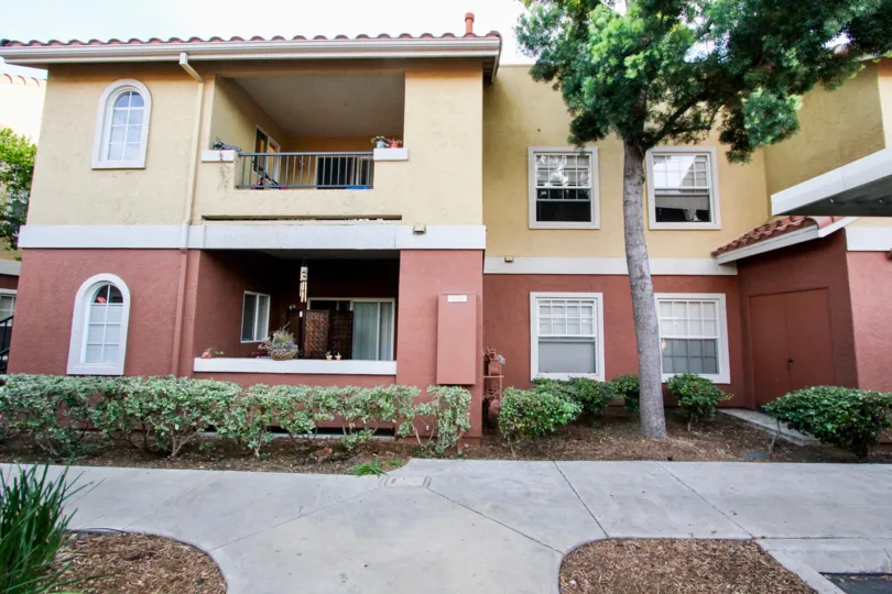 Two story brown and red units inside Sabre Terrace in Rancho Bernardo CA