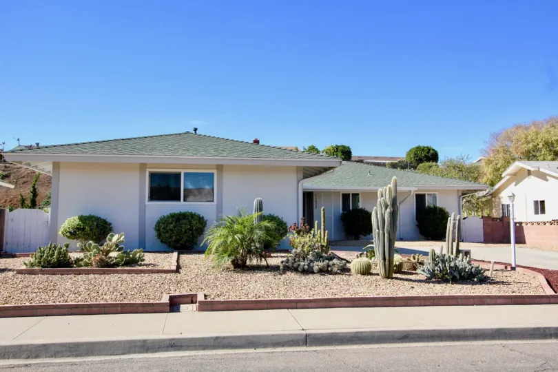 A sunny day in Seven Oaks Rancho Bernado with cactus and a sidewalk