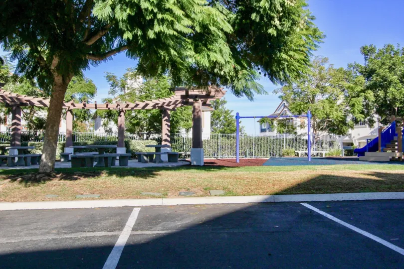 A sunny day in Sitella park with benches and playground