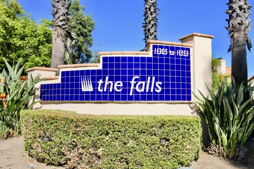 Blue tile wall with whit writing inside The Falls in Rancho Bernardo CA