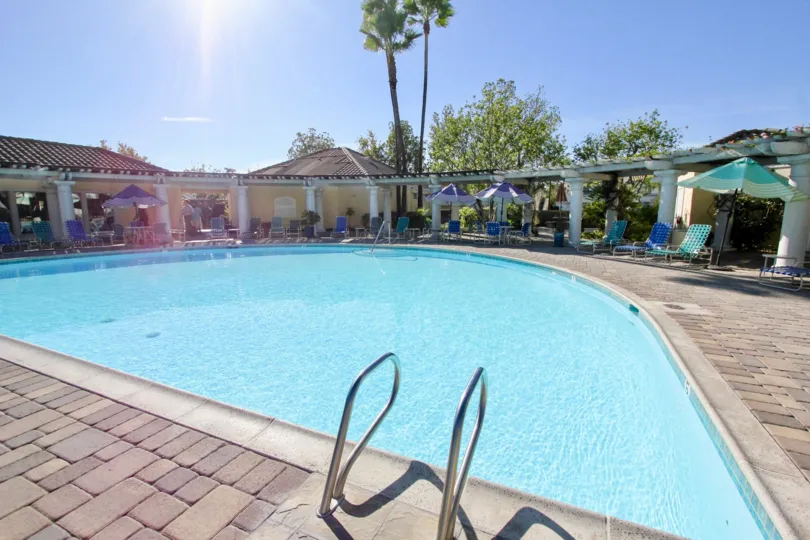 Arched swimming pool with shade cascade for relaxation in Vista Del Lago.
