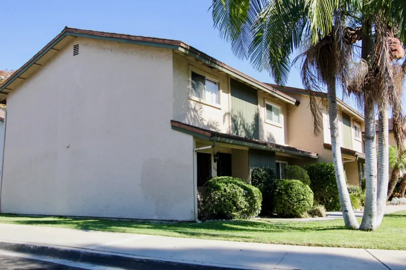 blue skies and palm trees with green grass outside an apartment complex in San Mrcos California