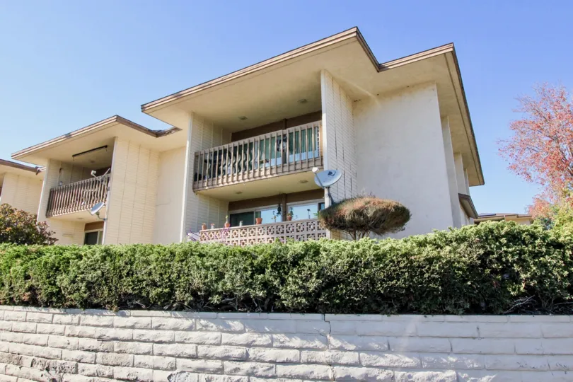THE APARTMENT IN THE LAKE SAN MARCOS III WITH THE DISH ANTENNAS, PLANTS, BALCONIS, TREES