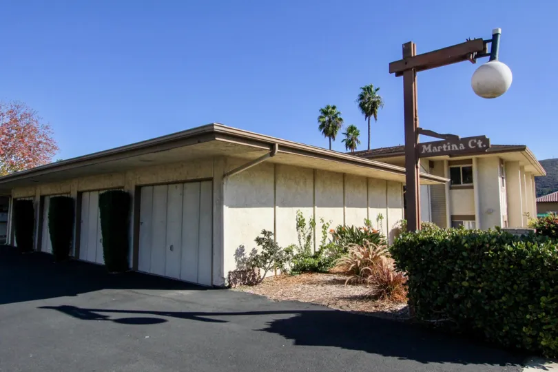 Some garage doors with a big lamp and bushes to the side and palm trees in the back during a sunny day in Lake San Marcos III, San Marcos, CA