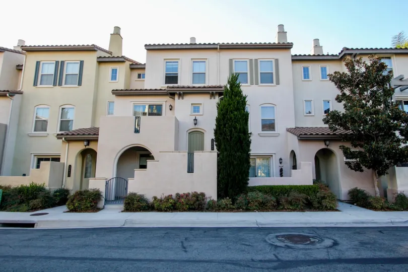 Three story white homes with tall green pointy trees at Larkspur Creek in San Marcos CA
