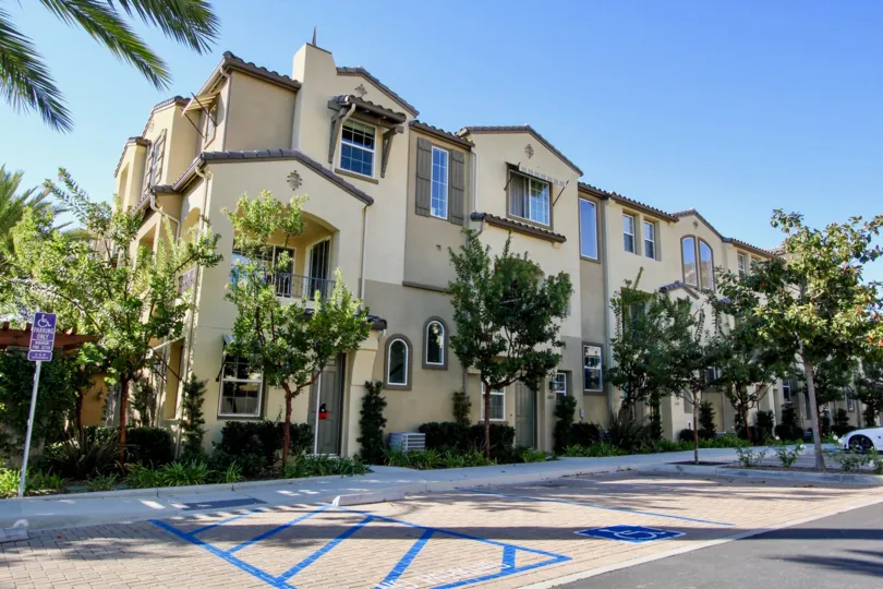 A sunny day at Laurel Community that showcases the beautiful architecture of the community in San Marcos, California