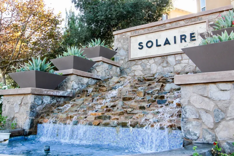 Huge waterfall fountain in front of Solaire in San Marcos CA