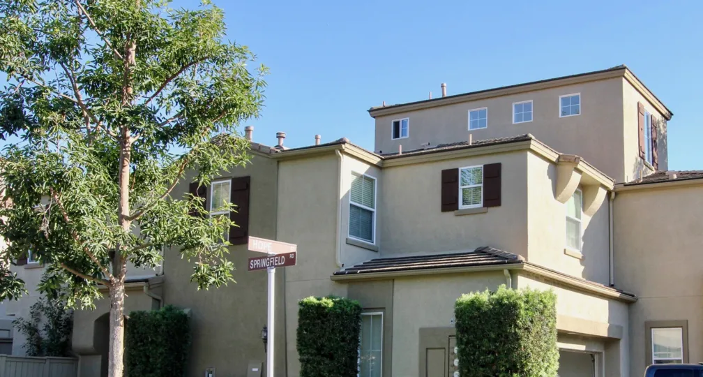 a lavish big house with elegant design and paint job with trees and maintained bushes
