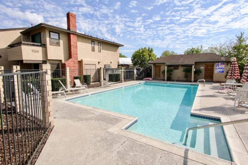 The pool at Lakeview Carlton Hills in Santee California on a sunny day.