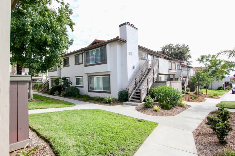 Riderwood Gardens, City: Santee, A beautiful building backside. A nice staircase with small plants and big trees.