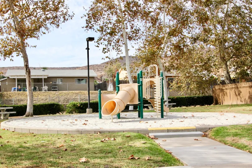The Park which have the lot of trees, lamp, lawn and chairs near by the flat in the community of Riderwood Village
