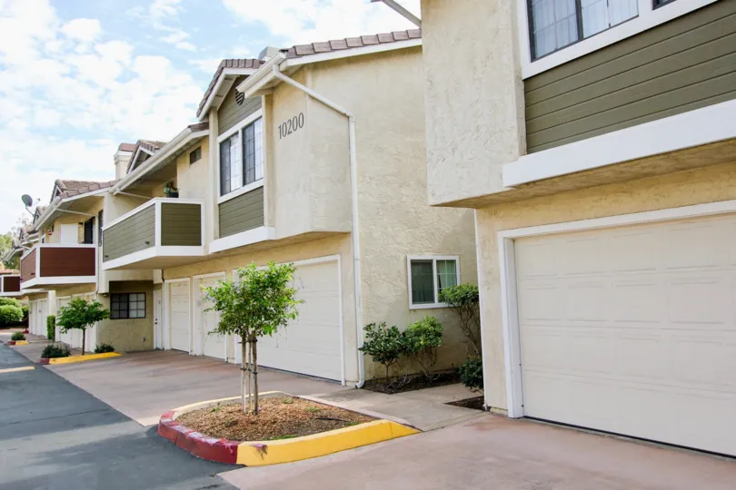 The front driveways of homes in The Lakes community in Santee, California.