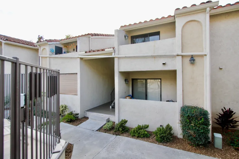 Towne Villas in Santee California have unique architectural designs with patios, as well as shrubbery along the perimeter